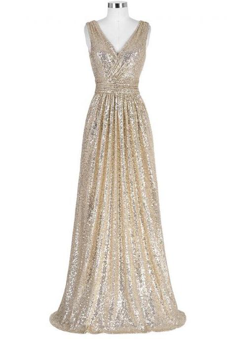 Gold Sequin V Neck Formal Gown ,Evening Dress Long Ruched Bodice