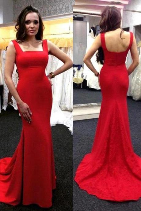 Elegant Red Jersey Square Neck Mermaid Prom Dress, Satin Sweep Train Long Dresses With Square Back,Party/Formal Dress