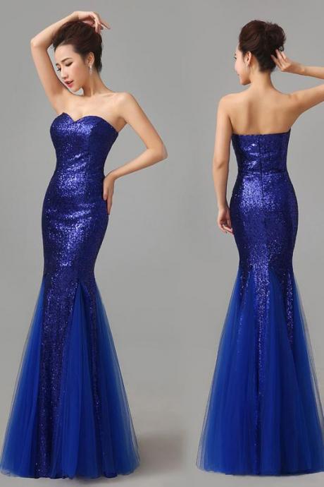 Blue Sequin Sweetheart Mermaid Prom Dress, Tulle Floor Length Evening Gown, Formal Gown