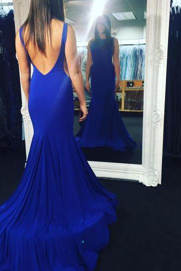 Royal Blue Jersey Backless Mermaid Prom Dress, Evening Gown Sweep Train