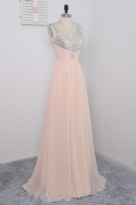 Blush Sweetheart Empire Chiffon Long Prom Dress, Formal Gown Beaded Bodice
