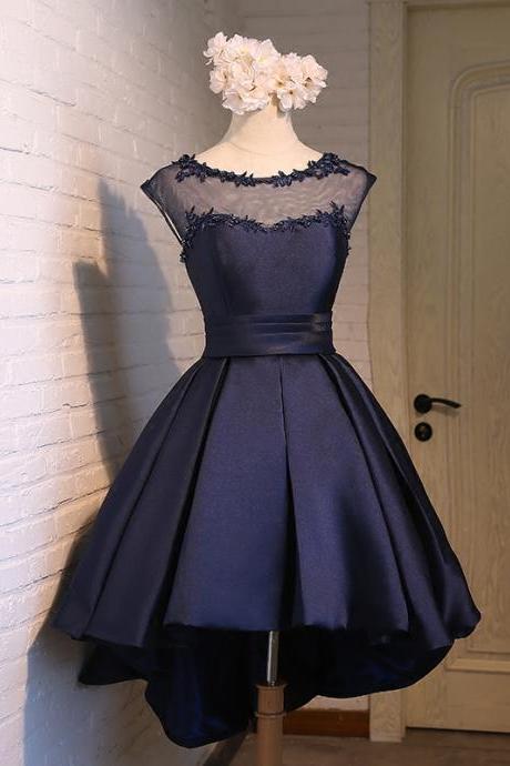 Navy Blue Illusion Cap Sleeve Homecoming Dress,Cocktail Dress High Low Skirt
