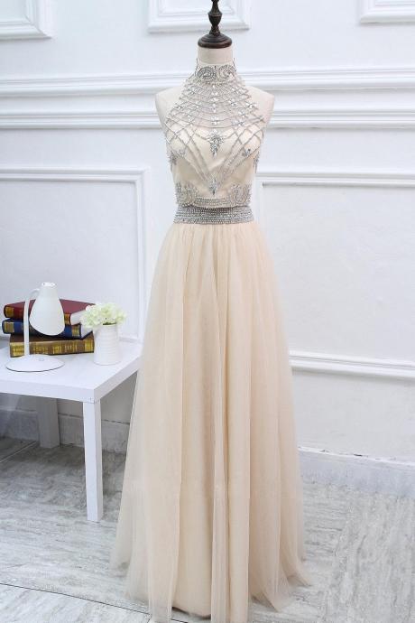 Champagne Halter High Neck Two-Piece Prom Dress With Beaded Bodice, Champagne Formal Gown, Tulle Long Prom Dresses, Keyhole Back Evening Dress
