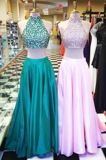 Red/Royal Blue/Green Satin Halter Crystal Two-Piece Prom Dress With Beaded Bodice, Formal Gown, Long Prom Dresses, Sweep Train Evening Dress, Celebrity Dresses