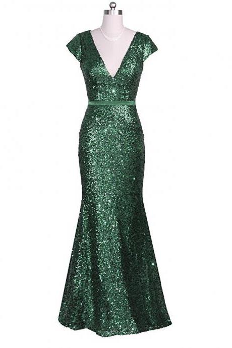 Fitted Green Sequin V Neck Evening Dress,Formal Gown,Evening Party Dress Cap Sleeve