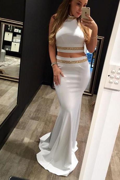 White High Neck Two Piece Prom Dress,Mermaid Formal Gown With Gold Beading