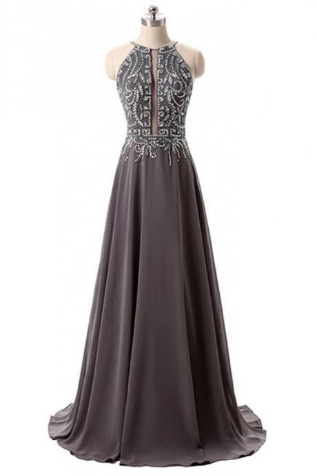 Beaded Grey Halter Prom Dress, Open Back Chiffon Formal Gown, Party Dress Long