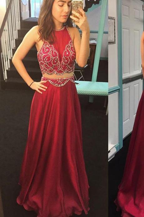 Beaded Wine Red Two Piece Open Back Prom Dress, Sleeveless Long Formal Gown