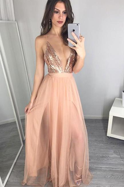 Blush Deep V Neck Formal Gown , Backless Long Party Dress With Rose Gold Sequin Top