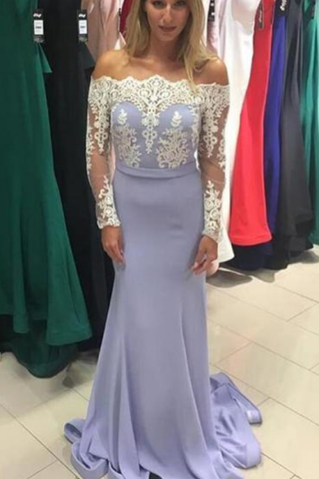  Lavender Off The Shoulder Prom Dress , Fitted Long Sleeve Prom Gown With Lace Appliques