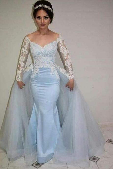 Light Blue Off The Shoulder Formal Gown, Mermaid Pageant Dress With Lace Appliques