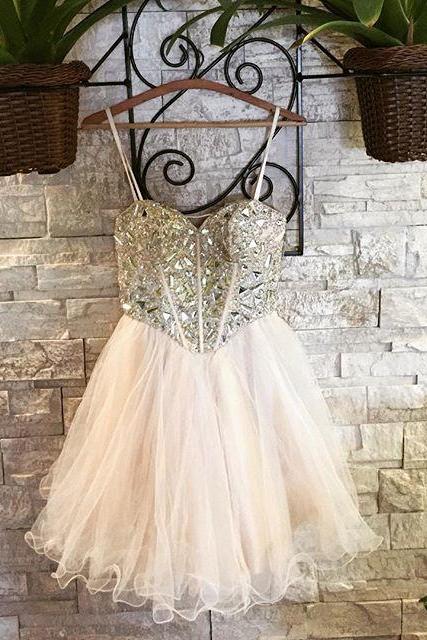 Champagne Sweetheart Cocktail Dress, Tulle Short Dress With Crystals And Stones