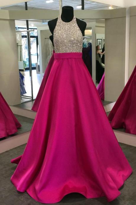 Glamorous Rosy A-line Satin Skirt And Scoop Neck Beaded Bodice Floor Length Long Evening Gown With Open Back