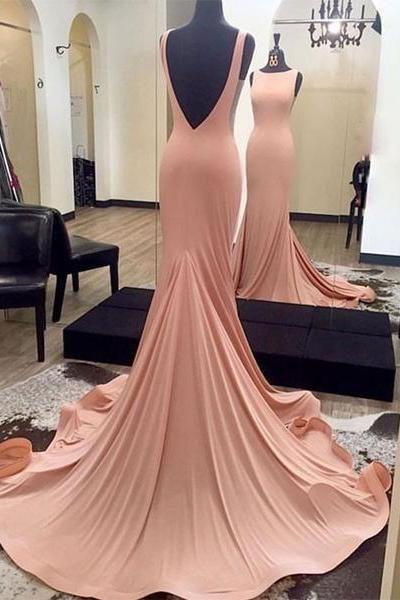 Blush Backless Formal Gown, Jersey Fitted Pageant Gown, Long Dress With Sweep Train