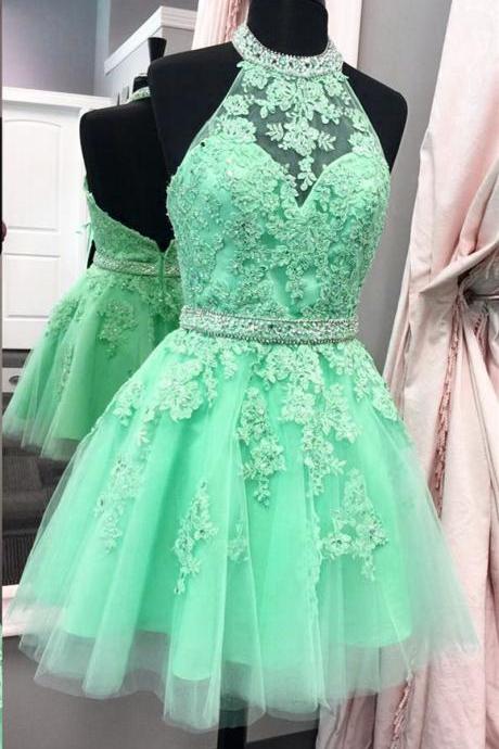 Green Jewel Neck Homecoming Dress, Low Back Cockail Dress With Lace Appliques