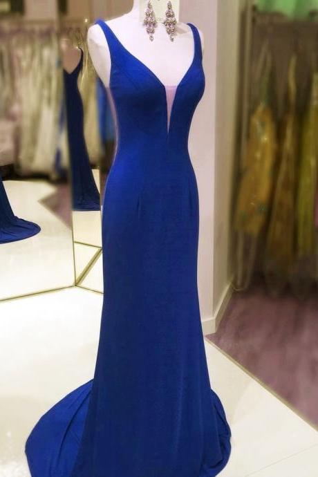 Royal Blue Fitted Formal Gown,Fitted Plunging V Neck Party Dress,Jersey Evening Dress
