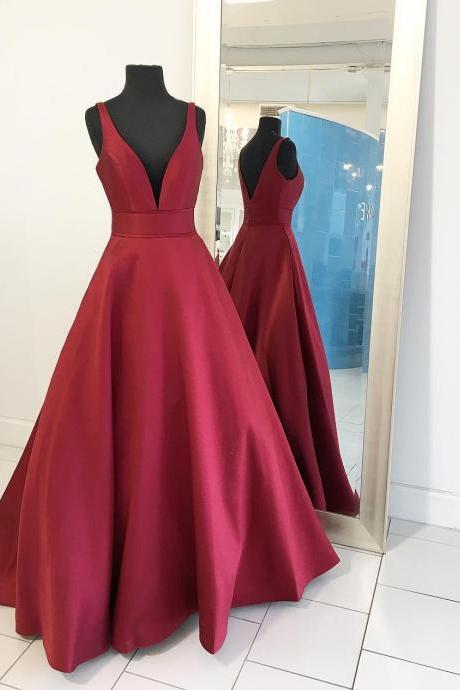 Taffeta Burgundy Prom Dress, Deep V Neck A Line Pageant Gown,Formal Gown With V Back 