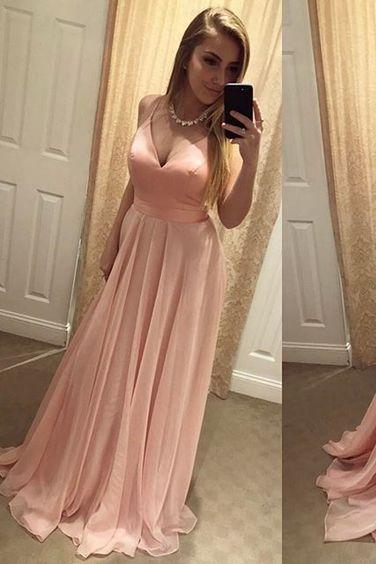 Blush V Neck Prom Dress,2017 Backless Prom Gown,Homecoming Dress With Spaghetti Straps