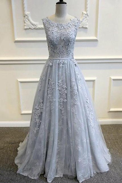 Gorgeous Grey Lace Prom Dress,pageant Gown,backless Silver Formal Gown With Lace Appliques