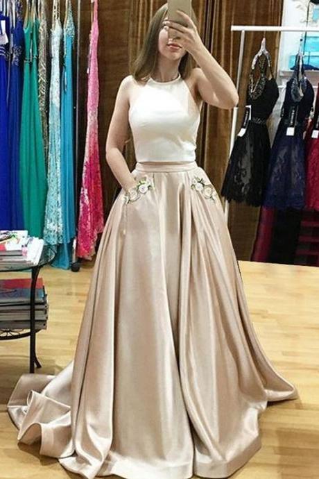 2017 Ivory/ Champagne Two Piece Prom Dress,Halter Satin Formal Gown With Two Pockets
