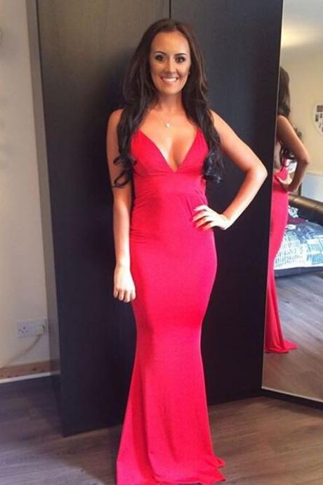 2017 Fitted Backless Red Evening Dress, Draped Jersey V Neck Prom Dress With Thin Straps