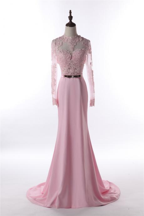 Pink High Neck Prom Dress, Fit And Flare Open Back Formal Gown With Long Sleeve