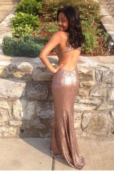 Sexy Rose Gold Sequin Fitted Formal Gown, Backless Sequin Prom Dress With Sheer Waist