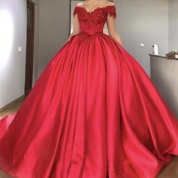 Red Off The Shoulder Ball Gown Prom Gown ,cap Sleeves Wedding Dress ...