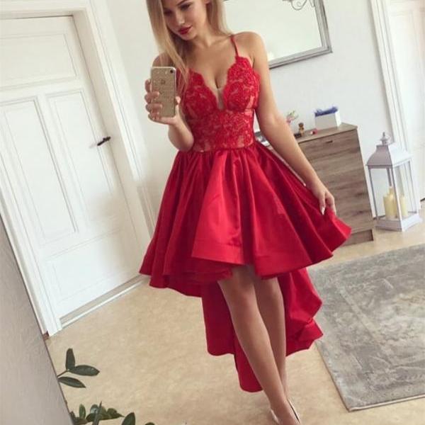 Red Satin Plunge-V neck Homecoming Dress