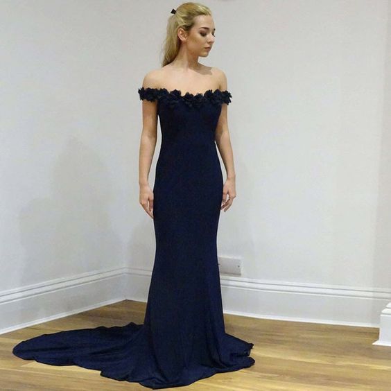 Fitted Formal Evening Gown Off The Shoulder Prom Dress Jersey Mermaid Gown With Sweep Train