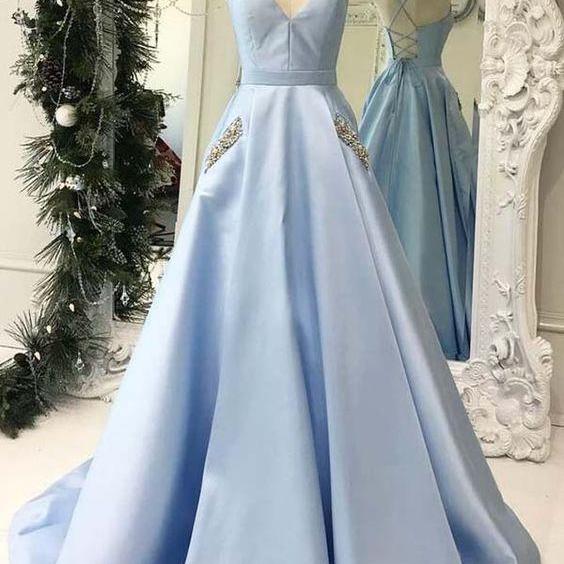 Gorgeous V Neck Prom Dress A Line Light Blue Open Back Formal Gown With Spaghetti Straps