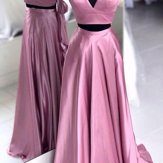  2019 V Neck Prom Dress Two Piece A Line Evening Dress For Girl Prom Spaghetti Straps