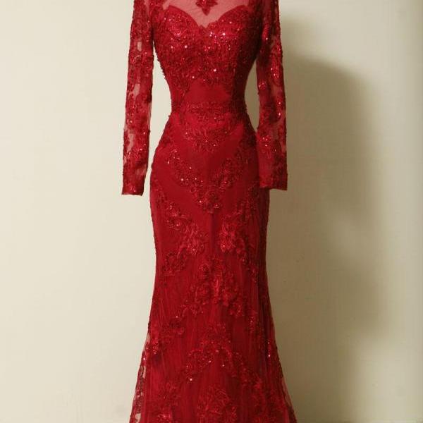 long sleeve red lace gown