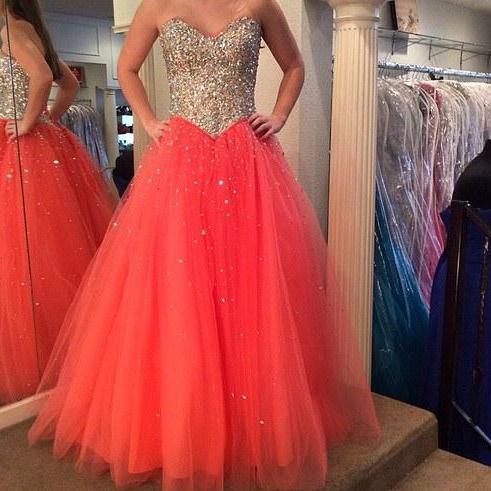 Coral Tulle Sweetheart Ball Gown Prom Dress With Beaded And Sequined ...