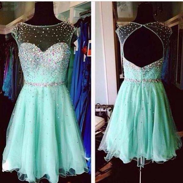 2015 Mint Green Chiffon Beaded Cocktail Party Dress With Open Back on ...
