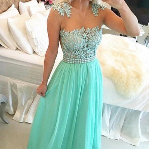 Mint Green Chiffon Illusion Neckine Beaded Prom Dress With Lace Appliques Bodice On Luulla