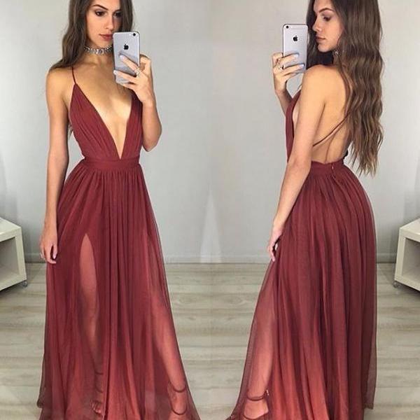 Wine Red Deep V Neck Backless Long Dress Evening Gown Prom Dress On Luulla