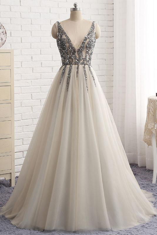 Sequined Silver V Neck Tulle A Line Prom Dress,Open Back Formal Evening ...