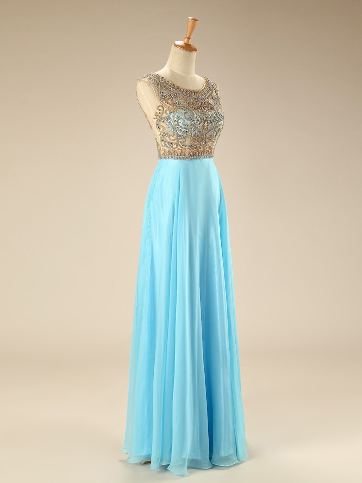 2015 Light Blue Chiffon Prom Dress With Beaded Sheer Bodice on Luulla