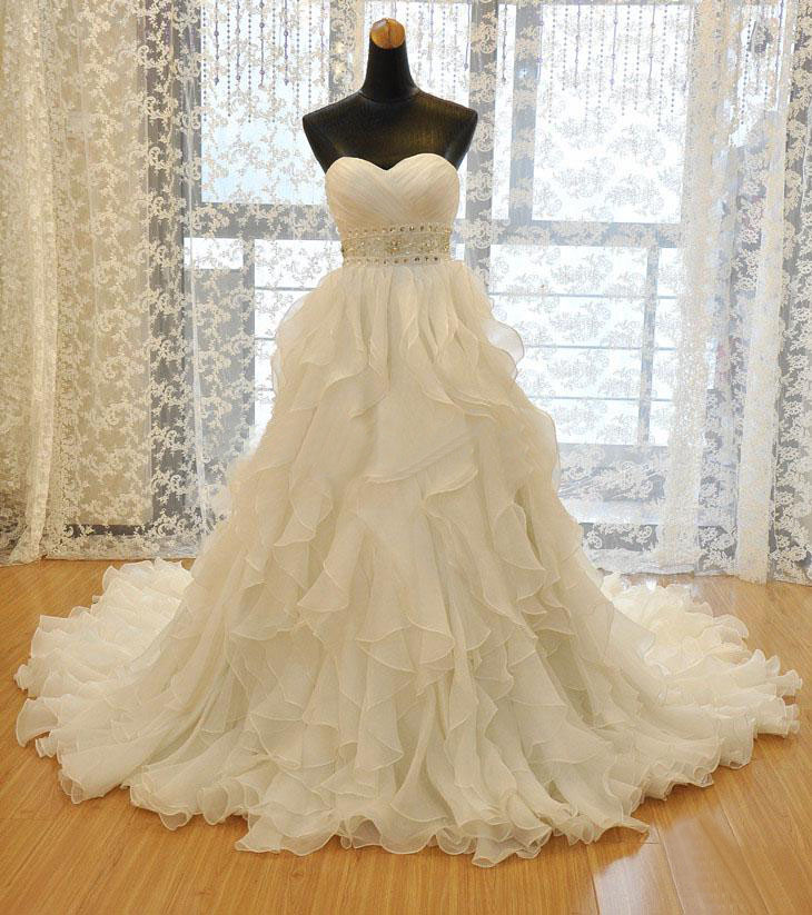 2014 Organza Sweetheart Chapel Train Ball Gown Wedding Dress With ...