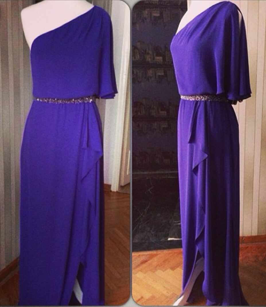 Purple One Shoulder Chiffon Long Evening Dress With Side Slit on Luulla
