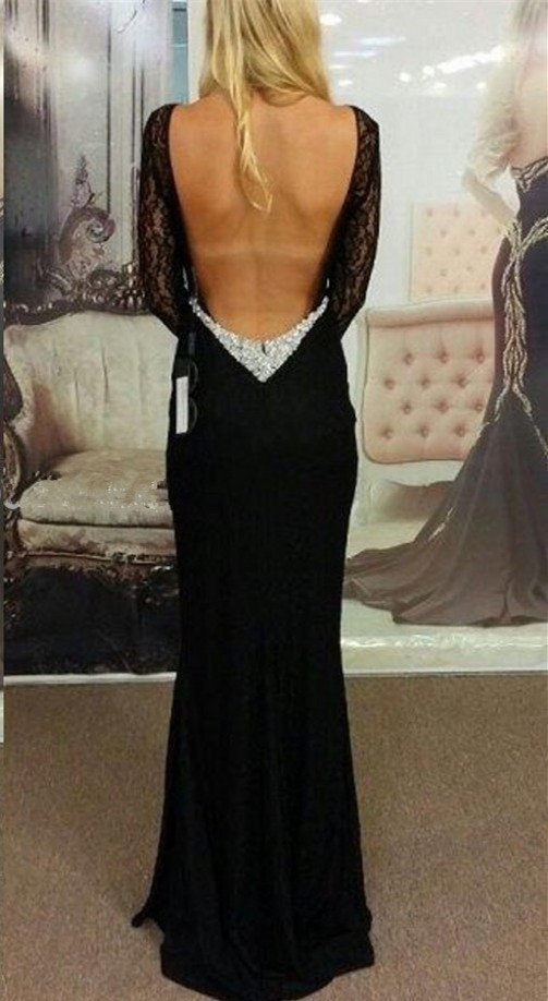 Fitted Black Jersey Backless Long Sleeve Prom Dress Evening Gown With Side Slit On Luulla 9442