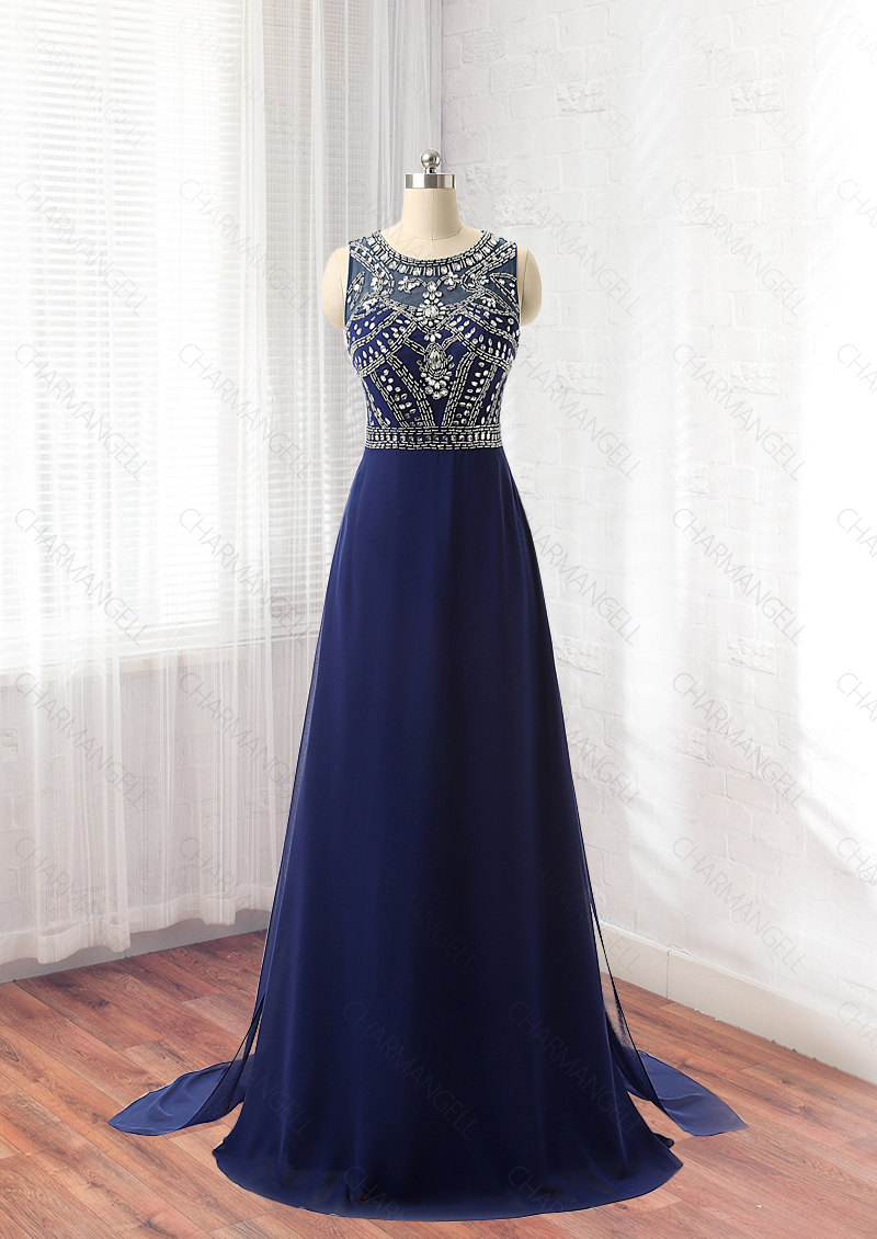 Beaded Navy Blue Chiffon Prom Dressevening Gown Long Dress Sheer Back