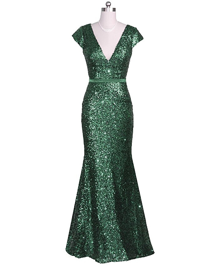 Fitted Green Sequin V Neck Evening Dress,formal Gown,evening Party ...